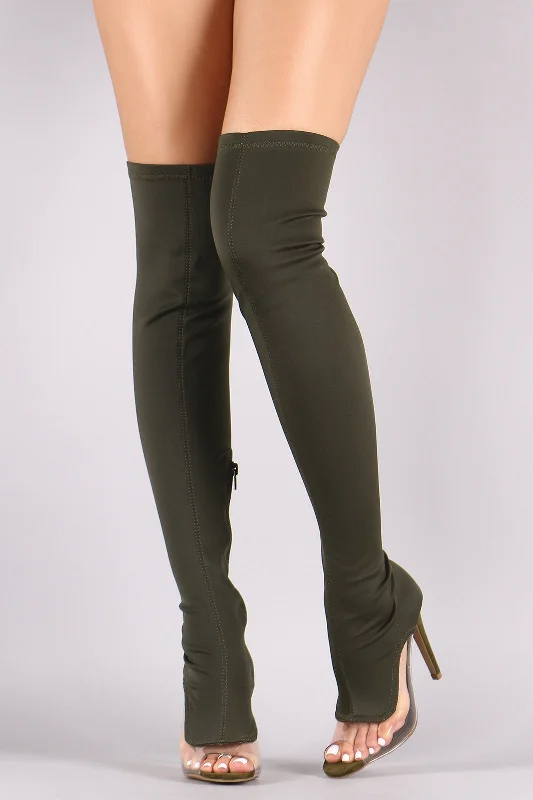 Square toe knee high boots for a contemporary style​ Shoe Republic LA Lucite Inset Fitted Elastane Stiletto OTK Boots