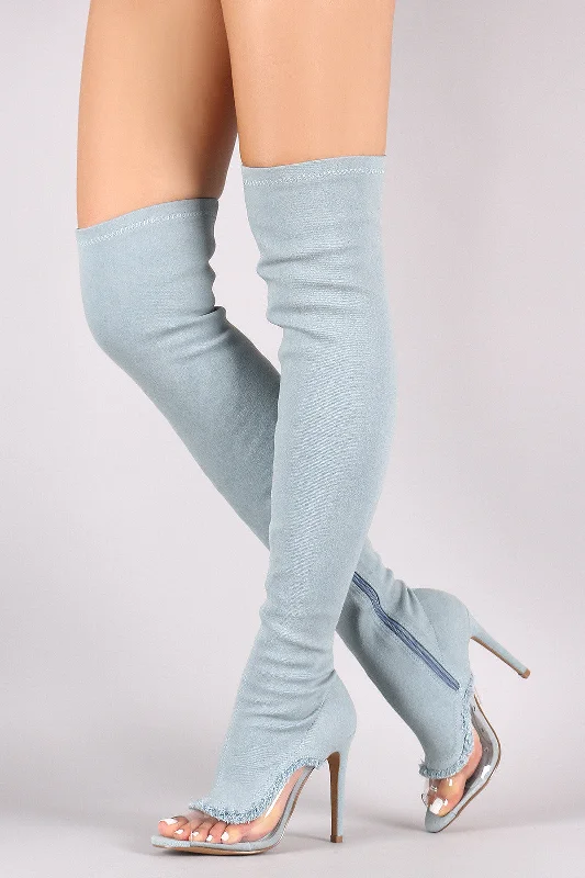 Over the knee high boots with side zipper Shoe Republic LA Lucite Inset Fitted Denim Stiletto OTK Boots Over the knee high boots with side zipper Shoe Republic LA Lucite Inset Fitted Denim Stiletto OTK Boots