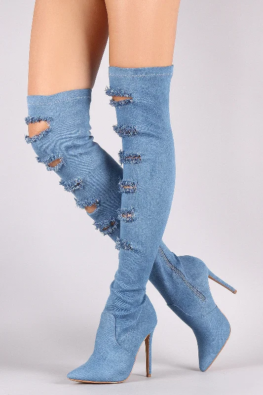 Chunky heel knee high boots for a bold look Shoe Republic LA Ripped Denim Stiletto Over-The-Knee Boots Chunky heel knee high boots for a bold look Shoe Republic LA Ripped Denim Stiletto Over-The-Knee Boots