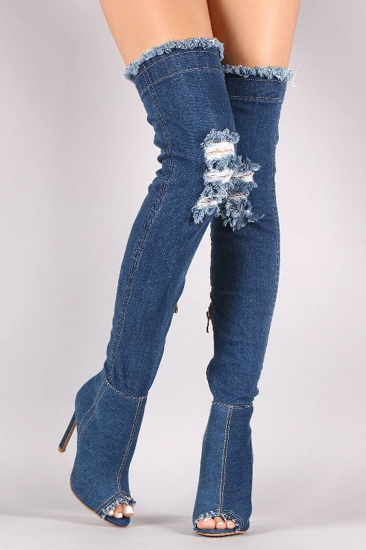 Square toe knee high boots for a contemporary style Distressed Denim Stiletto Over-The-Knee Boots Square toe knee high boots for a contemporary style Distressed Denim Stiletto Over-The-Knee Boots