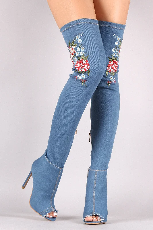 Knee high boots with a block heel Denim Stiletto Embroidered Floral Over The Knee Boots Knee high boots with a block heel Denim Stiletto Embroidered Floral Over The Knee Boots