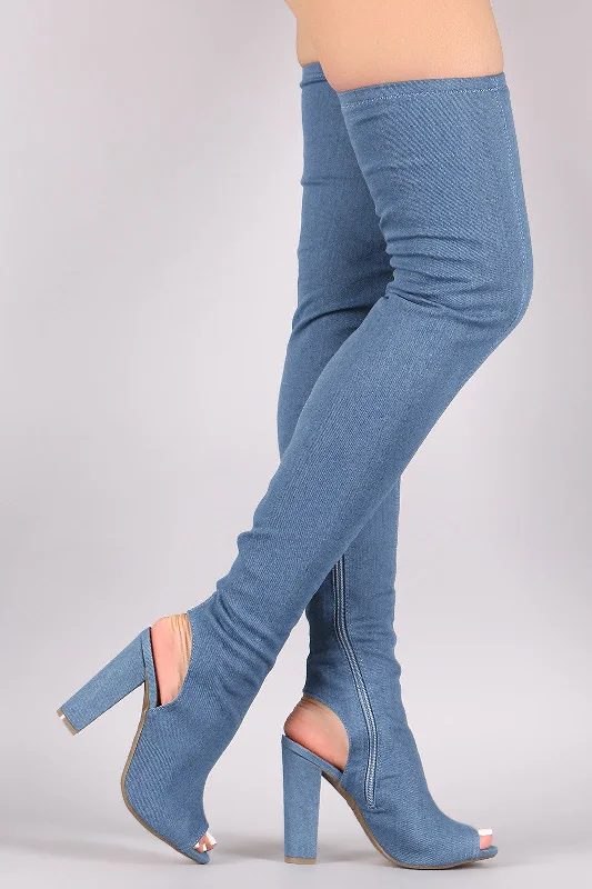 Platform knee high boots for added height Bamboo Fitted Denim Chunky Heeled Over-The-Knee Boots Platform knee high boots for added height Bamboo Fitted Denim Chunky Heeled Over-The-Knee Boots