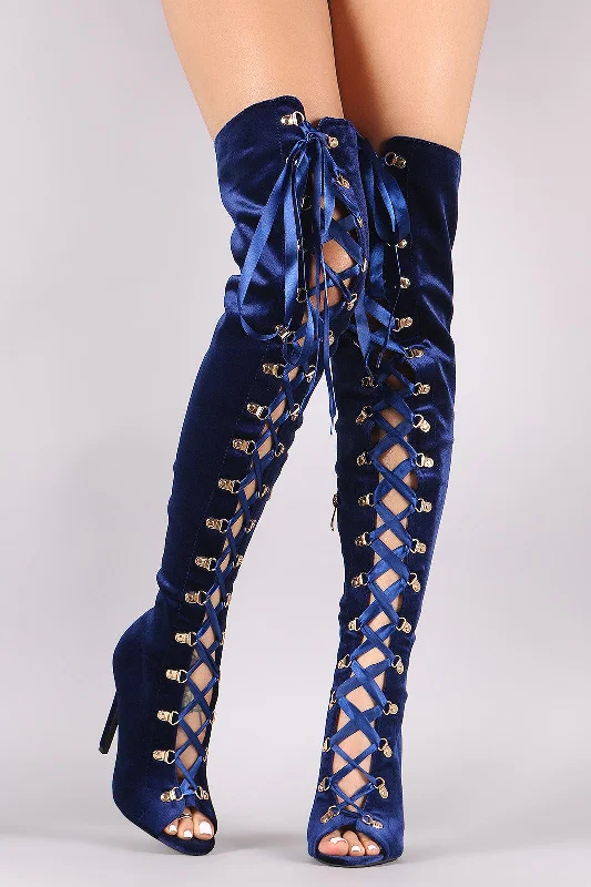 Velvet knee high boots for a luxurious feel Velvet Ribbon Lace-Up Stiletto Over-The-Knee Boots Velvet knee high boots for a luxurious feel Velvet Ribbon Lace-Up Stiletto Over-The-Knee Boots