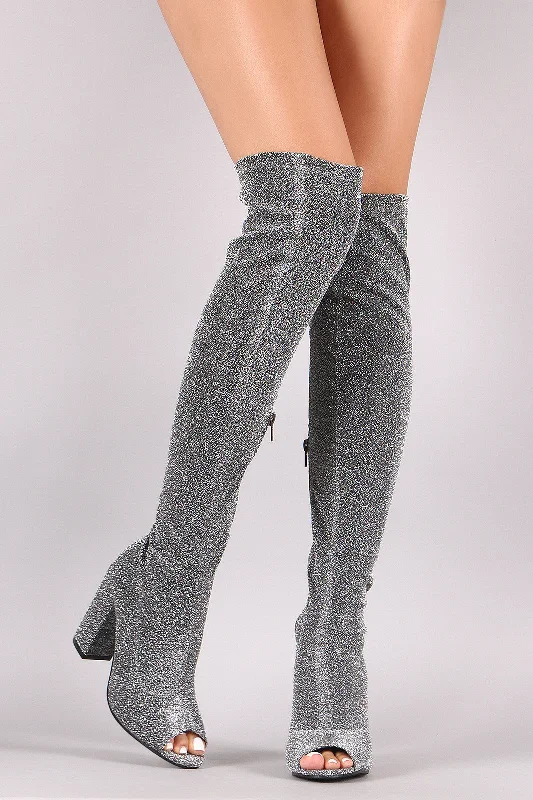 Knee high boots with studded embellishments​ Foiled Metallic Fabric Chunky Heeled Over-The-Knee Boots