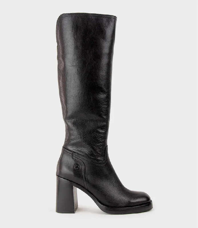Women's long boots with a zip - front and embroidery VEIL Block Heel Knee High Boot in Black Women's long boots with a zip - front and embroidery VEIL Block Heel Knee High Boot in Black