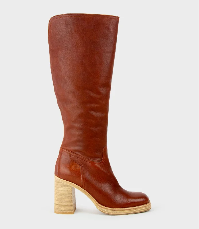 Women's long boots with a ruffled cuff for a feminine touch VEIL Block Heel Knee High Boot in Rust Women's long boots with a ruffled cuff for a feminine touch VEIL Block Heel Knee High Boot in Rust