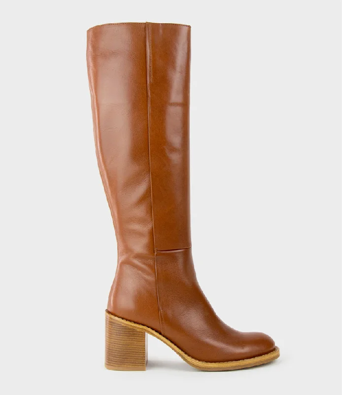 Women's long boots with a perforated leather pattern VENT Block Heel Knee High Boot in Tan