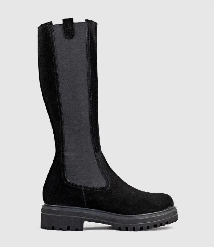 Women's long boots with a fur - trimmed collar VERNE Knee High Boot with Gusset in Black Suede