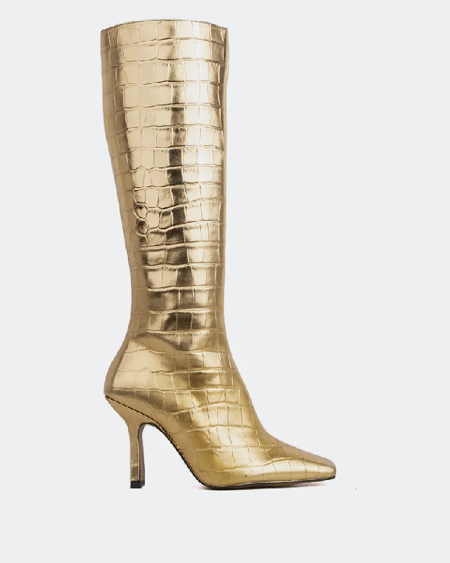 Women's tall boots with a stacked heel and fur trim Viger Bronze Croco