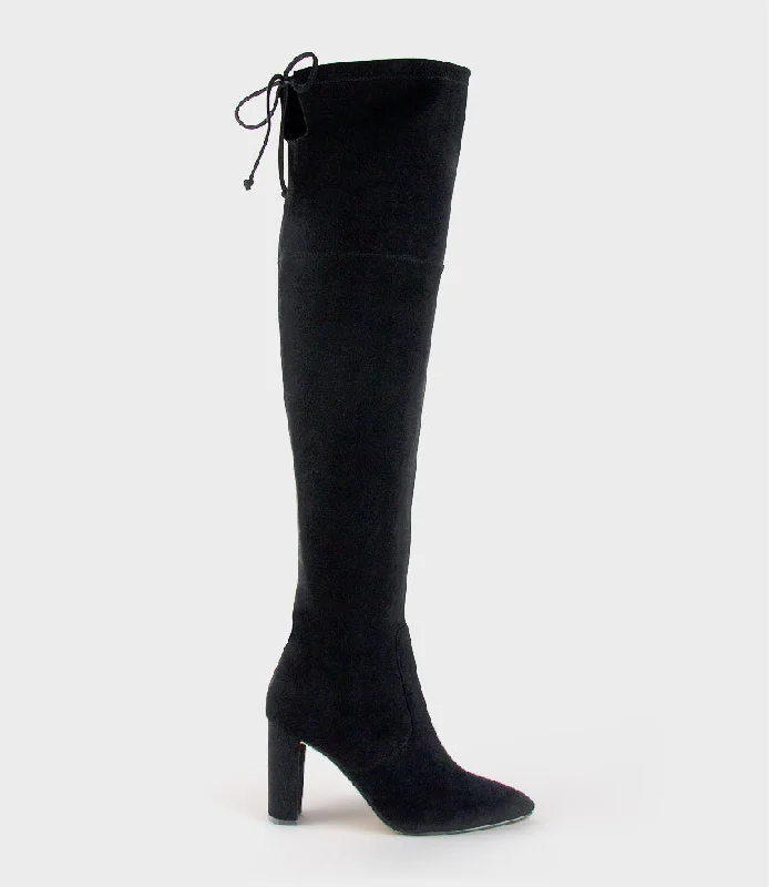 Women's long boots with a metallic - and - matte finish VIXEN90 Block Heel OTK Stretch Boot in Black Suede Women's long boots with a metallic - and - matte finish VIXEN90 Block Heel OTK Stretch Boot in Black Suede