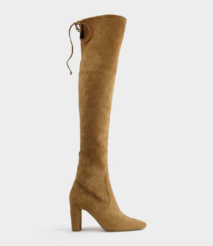 Women's long boots with a leather - and - mesh combination VIXEN90 Block Heel OTK Stretch Boot in Tawny Suede Women's long boots with a leather - and - mesh combination VIXEN90 Block Heel OTK Stretch Boot in Tawny Suede