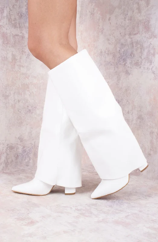 Women's long boots with a geometric print on the side White Faux Leather Fold Over Shark Classic Knee High Boot