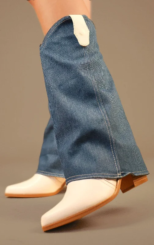 Women's waterproof long boots for rainy days White Cowboy Boots With Denim Detachable Sleeves Women's waterproof long boots for rainy days White Cowboy Boots With Denim Detachable Sleeves