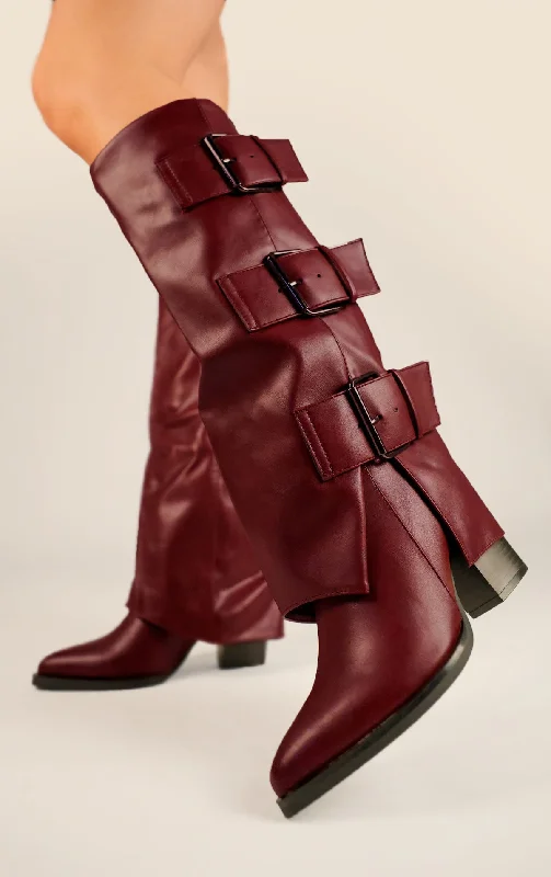 Women's long boots with a removable insole for customization Wine Leather Fold Over Black Buckle Strap Shark Knee High Boot Women's long boots with a removable insole for customization Wine Leather Fold Over Black Buckle Strap Shark Knee High Boot