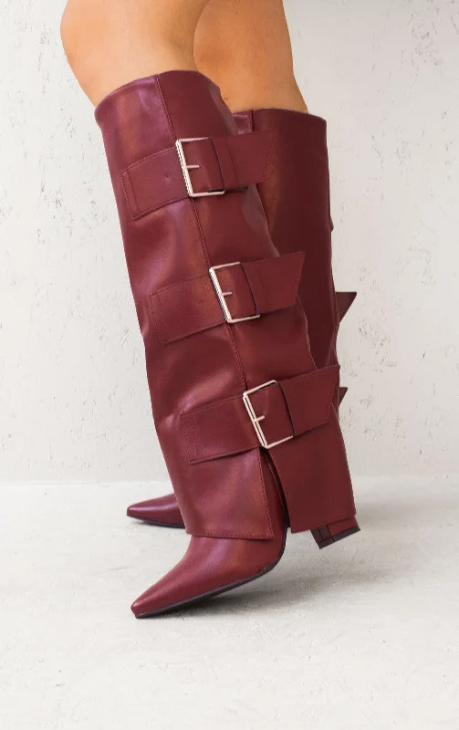 Women's long boots with a side lace - up design Wine Leather Fold Over Buckle Strap Design Shark Knee High Boot Women's long boots with a side lace - up design Wine Leather Fold Over Buckle Strap Design Shark Knee High Boot