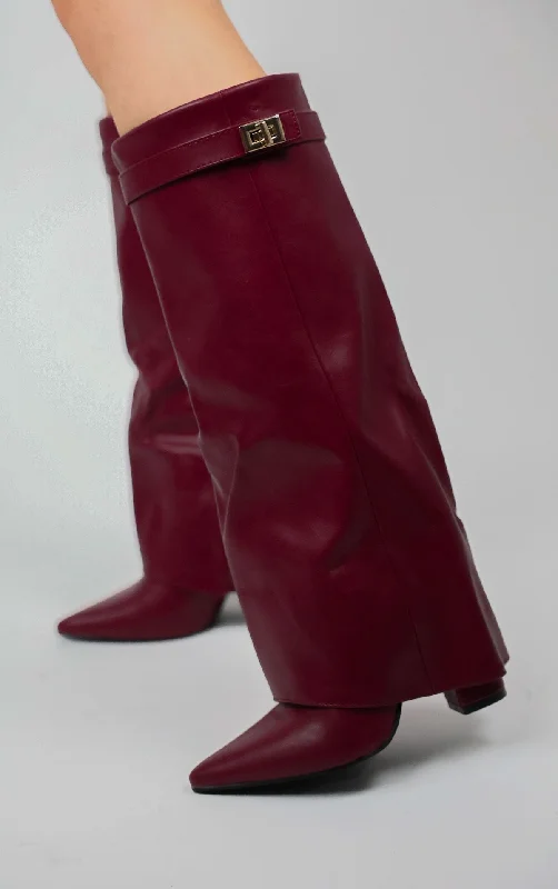 Women's knee - high long boots with a low - heel block Wine Leather Fold Over Shark Classic Buckle Knee High Boot Women's knee - high long boots with a low - heel block Wine Leather Fold Over Shark Classic Buckle Knee High Boot
