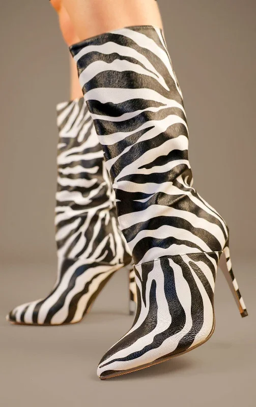 Women's leopard - print long boots for a bold fashion statement Zebra Printed PU Leather Mid Calf High Stiletto Heel Boots Women's leopard - print long boots for a bold fashion statement Zebra Printed PU Leather Mid Calf High Stiletto Heel Boots